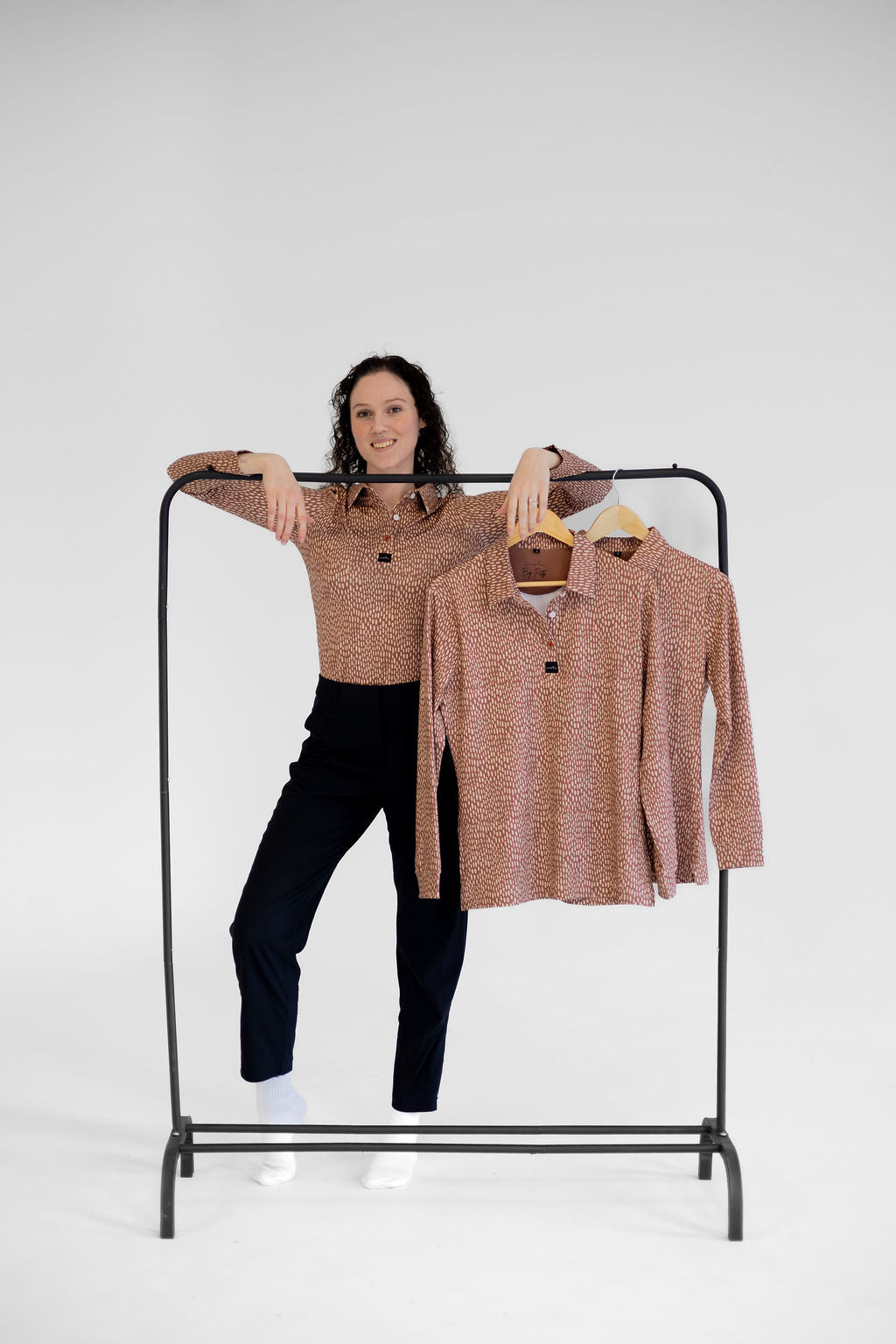 Women's Long sleeve Golf Polo - Terracotta Scattered Lies