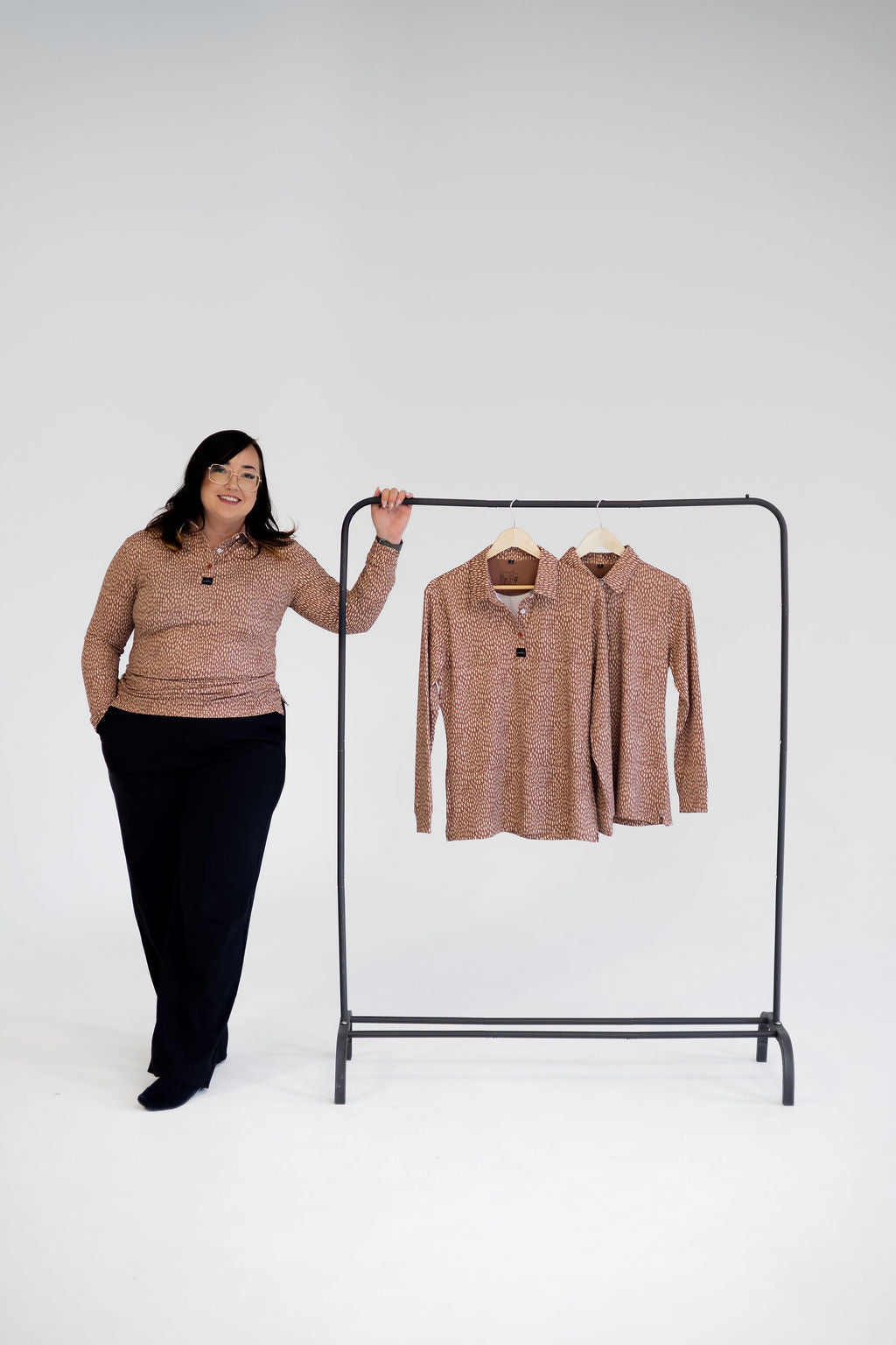 Women's Long sleeve Golf Polo - Terracotta Scattered Lies